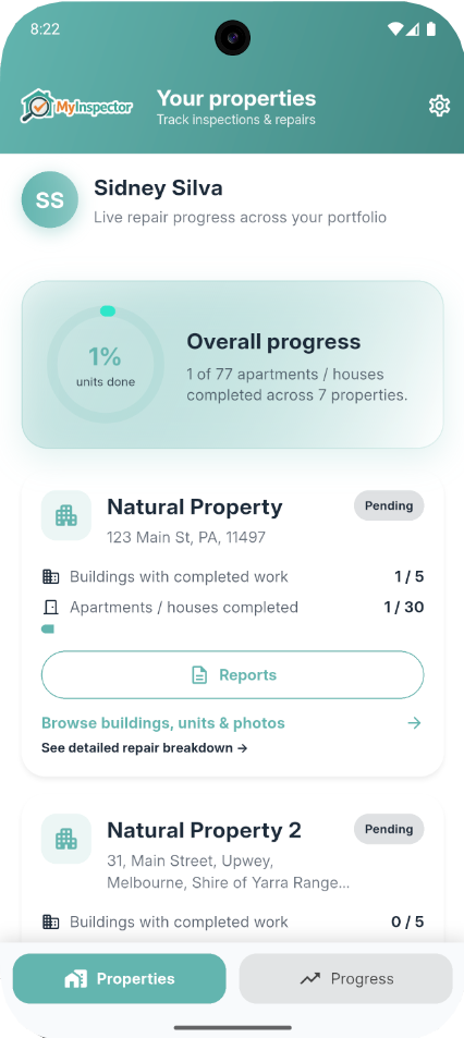 MyInspector client dashboard: your properties and repair progress